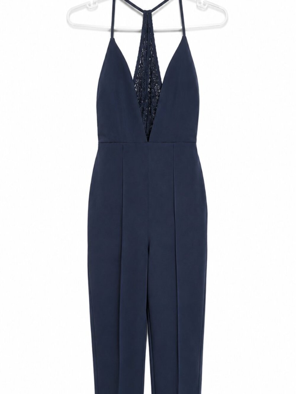 Rare London Navy Plunge Lace Halter Jumpsuit XS Open Back Cocktail